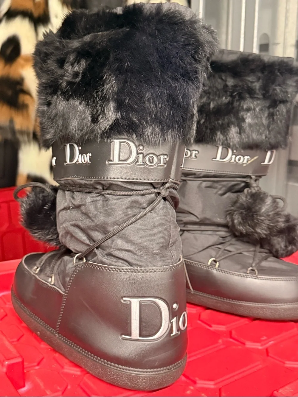 Dior Fur Trim Moon Boots with Pom-Poms